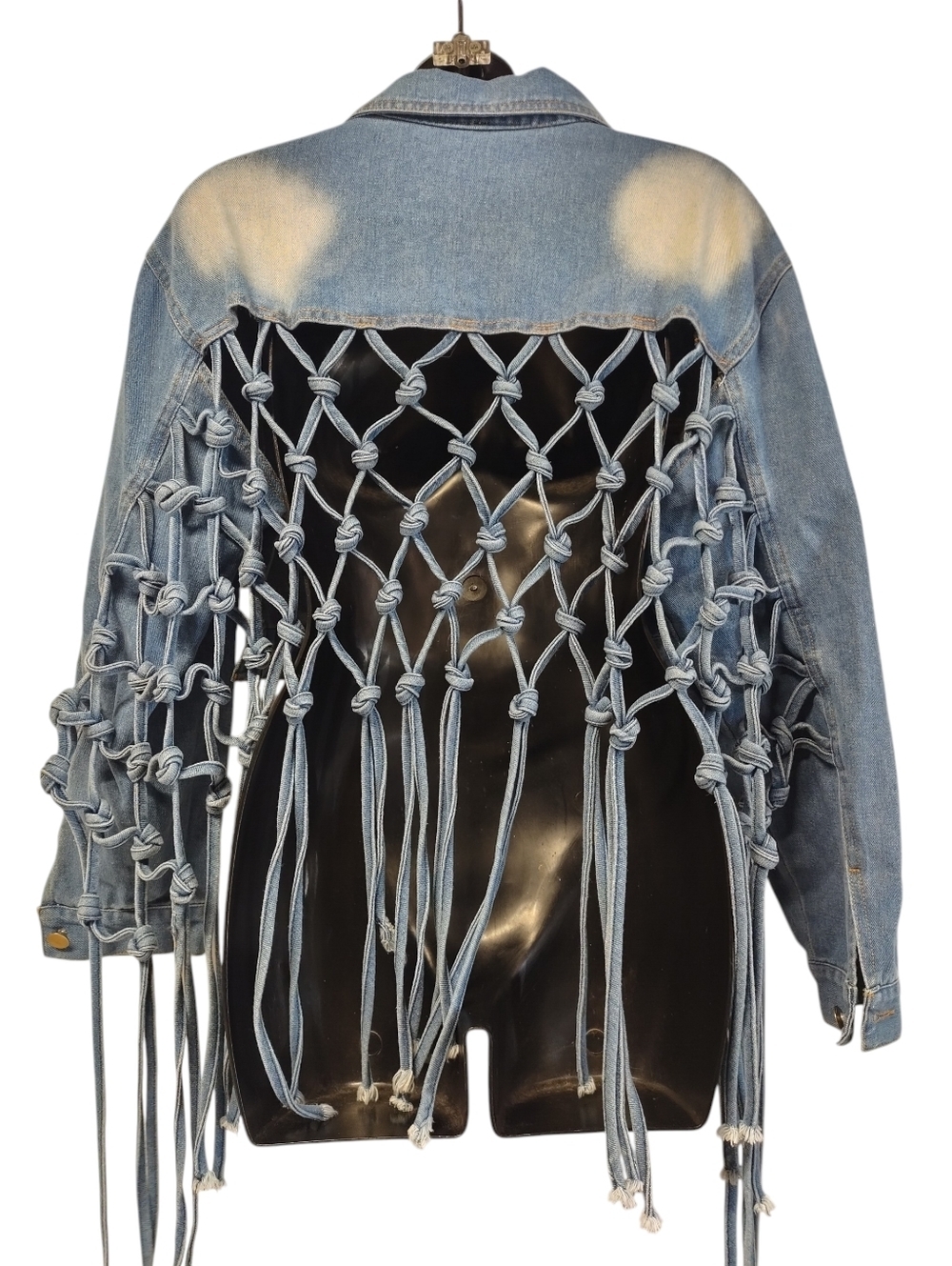 Cropped Bleached Denim Jacket Women's Size M Macrame Lace Up Back Boho Festival - Picture 3 of 10
